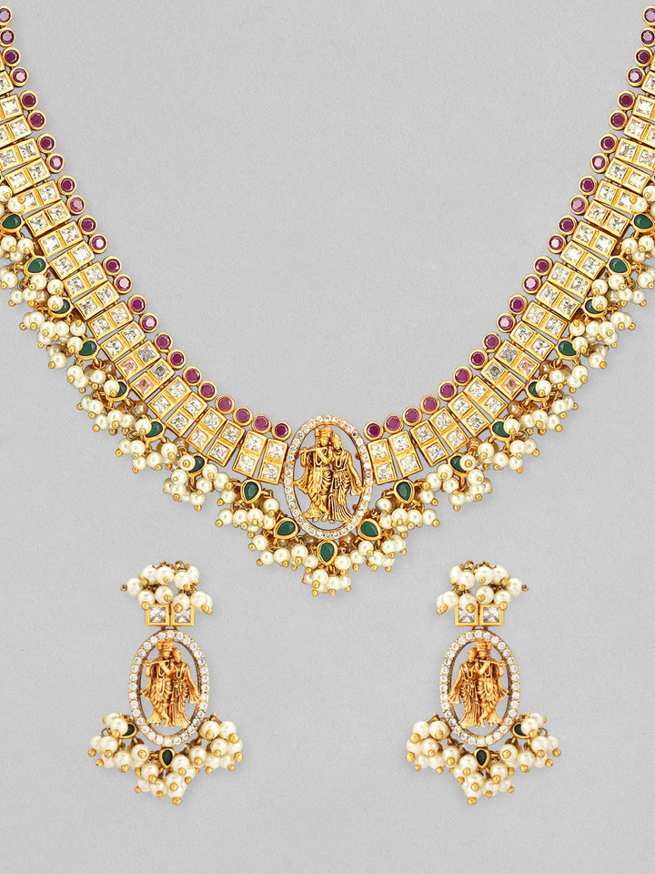 Rubans 24K Gold Plated Ruby and emerald studded Temple Necklace set. Necklace Set
