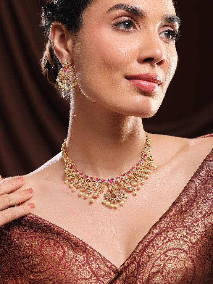 Rubans 24K Gold-Plated Ruby & Cubic Zirconia Divine Lakshmi Temple Jewelry Set with Pearls Choker set