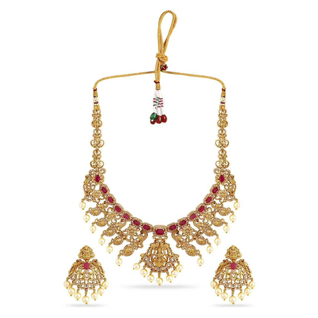 Rubans 24K Gold-Plated Ruby & Cubic Zirconia Divine Lakshmi Temple Jewelry Set with Pearls Choker set