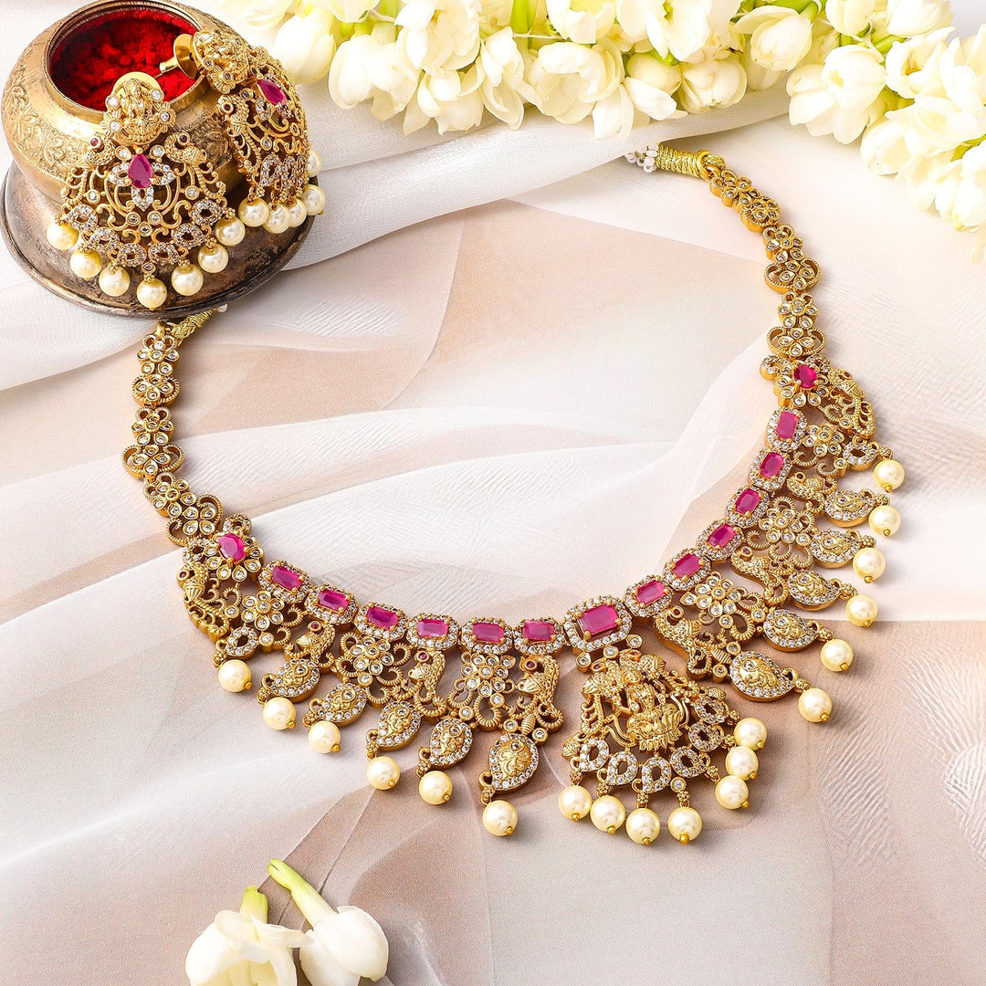 Rubans 24K Gold-Plated Ruby & Cubic Zirconia Divine Lakshmi Temple Jewelry Set with Pearls Choker set