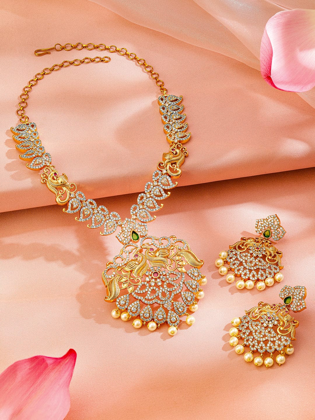 Rubans 24K Gold-Plated Ruby & Emerald Cubic Zirconia Studded Handcrafted Traditional Jewelry Set with Pearls Accents Jewellery Set