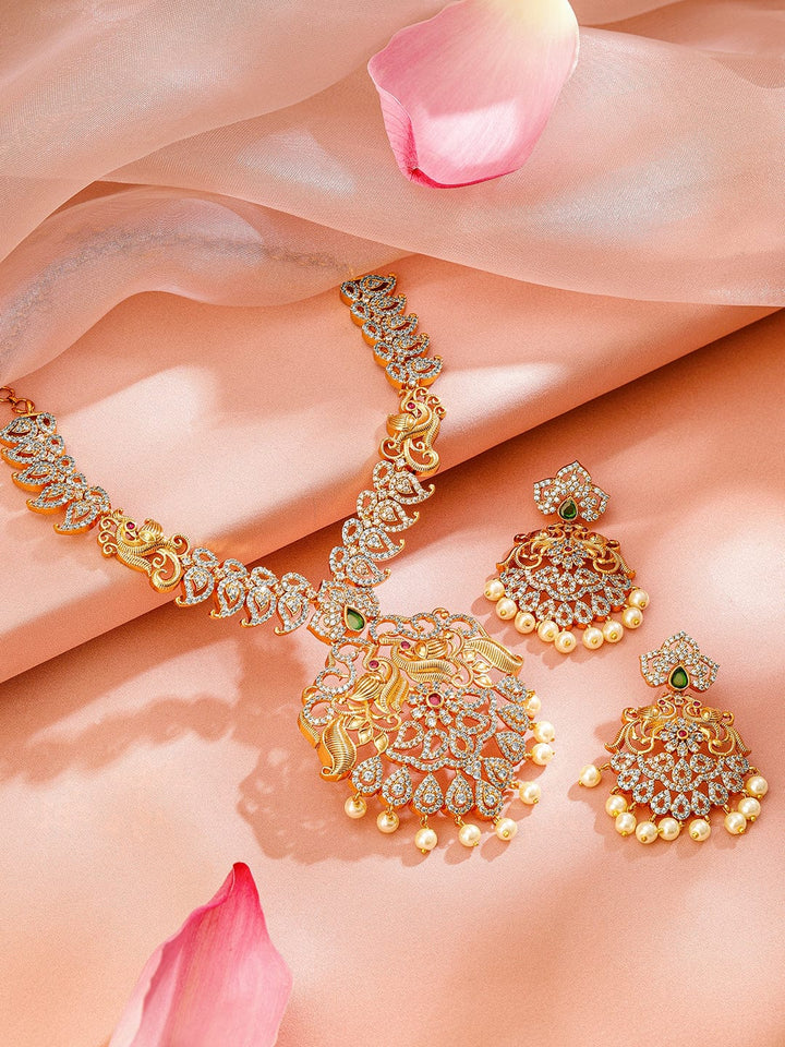 Rubans 24K Gold-Plated Ruby & Emerald Cubic Zirconia Studded Handcrafted Traditional Jewelry Set with Pearls Accents Jewellery Set