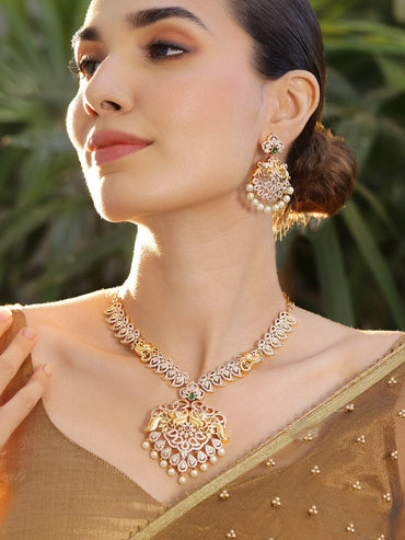 Rubans 24K Gold-Plated Ruby & Emerald Cubic Zirconia Studded Handcrafted Traditional Jewelry Set with Pearls Accents Necklace Set