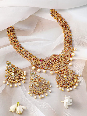 Rubans 24K Gold Plated Ruby, Emerald & Cubic Zirconia Studded Traditional Jewelry Set Necklace Set