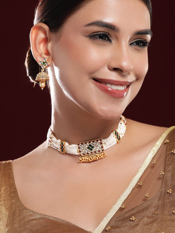 Rubans 24K Gold-Plated Ruby & Emerald Kundan-Studded & Pearl Beaded Jewellery Set Necklace Set