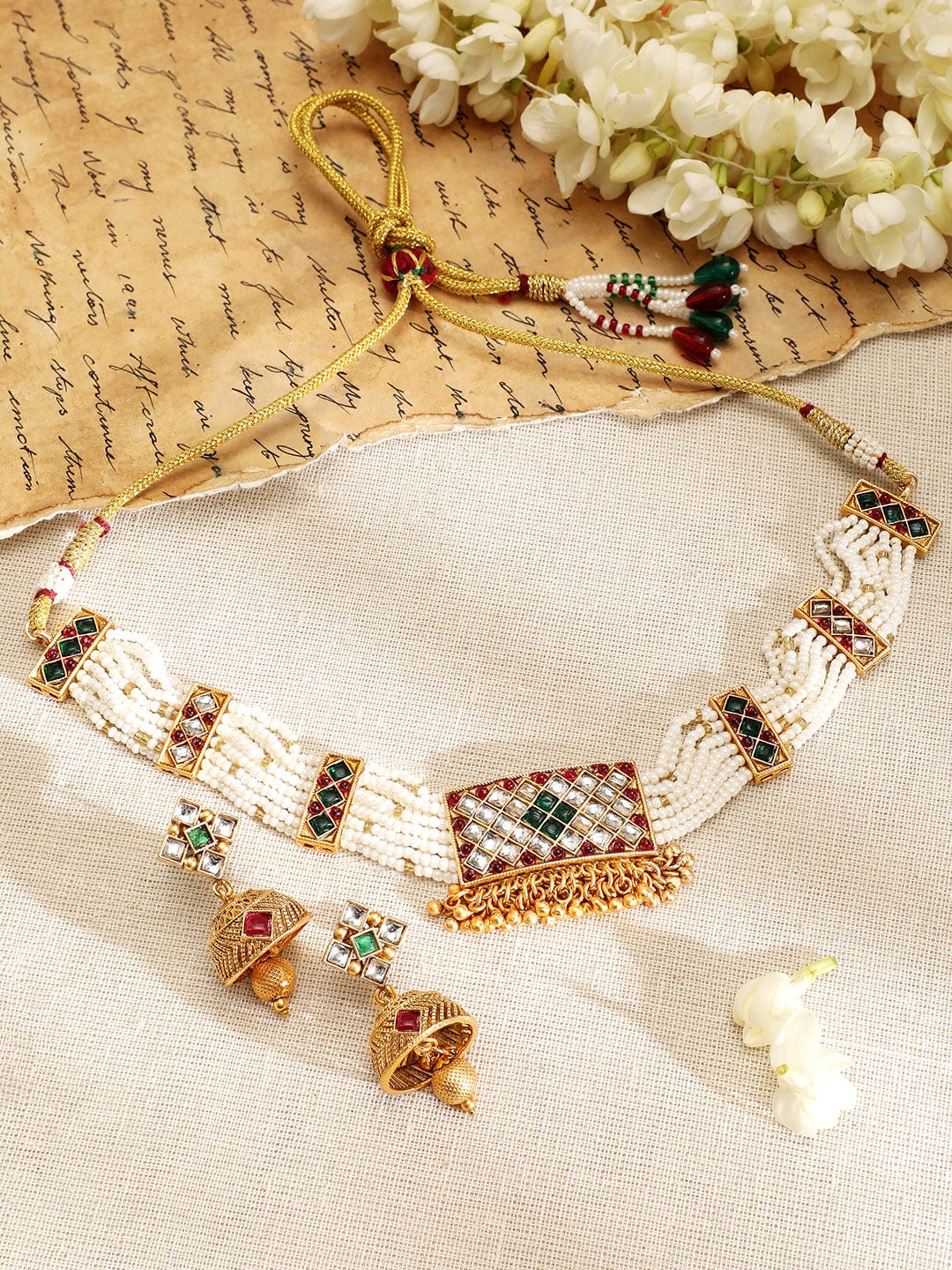 Rubans 24K Gold-Plated Ruby & Emerald Kundan-Studded & Pearl Beaded Jewellery Set Necklace Set