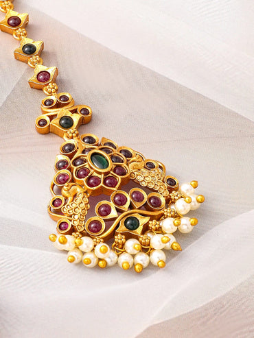 Rubans 24K Gold-Plated Ruby & Emerald Maang Tikka with Pearl Beads for Bridal Elegance Head Jewellery