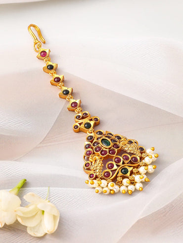 Rubans 24K Gold-Plated Ruby & Emerald Maang Tikka with Pearl Beads for Bridal Elegance Head Jewellery