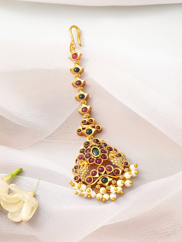 Rubans 24K Gold-Plated Ruby & Emerald Maang Tikka with Pearl Beads for Bridal Elegance Head Jewellery