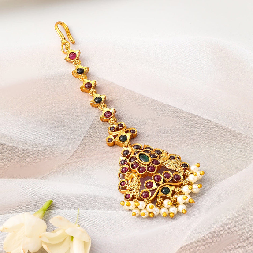 Rubans 24K Gold-Plated Ruby & Emerald Maang Tikka with Pearl Beads for Bridal Elegance Maang Tikka