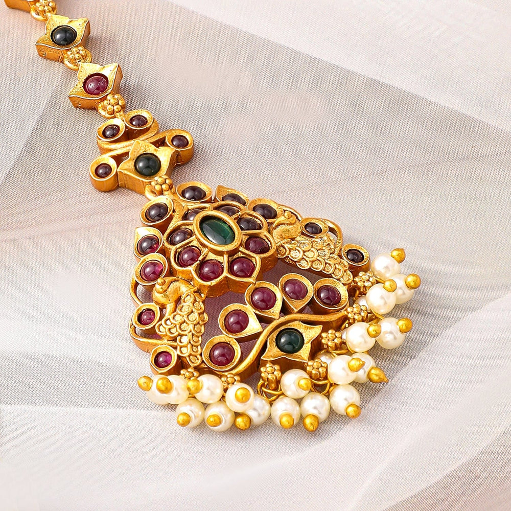 Rubans 24K Gold-Plated Ruby & Emerald Maang Tikka with Pearl Beads for Bridal Elegance Maang Tikka