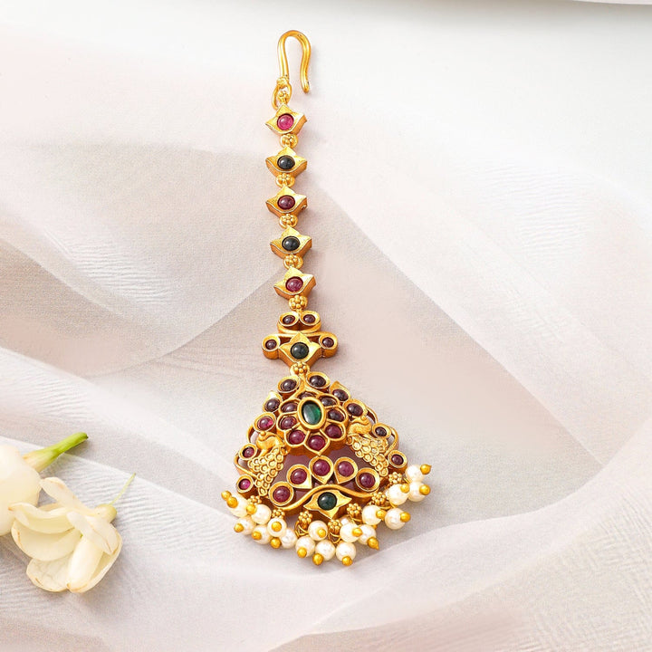 Rubans 24K Gold-Plated Ruby & Emerald Maang Tikka with Pearl Beads for Bridal Elegance Maang Tikka