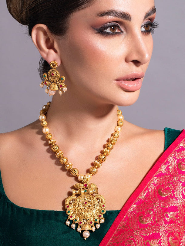 Rubans 24K Gold Plated Ruby & Emerald Stones and Pearl & Golden Beads Temple Jewelry Set Necklaces, Necklace Sets, Chains & Mangalsutra