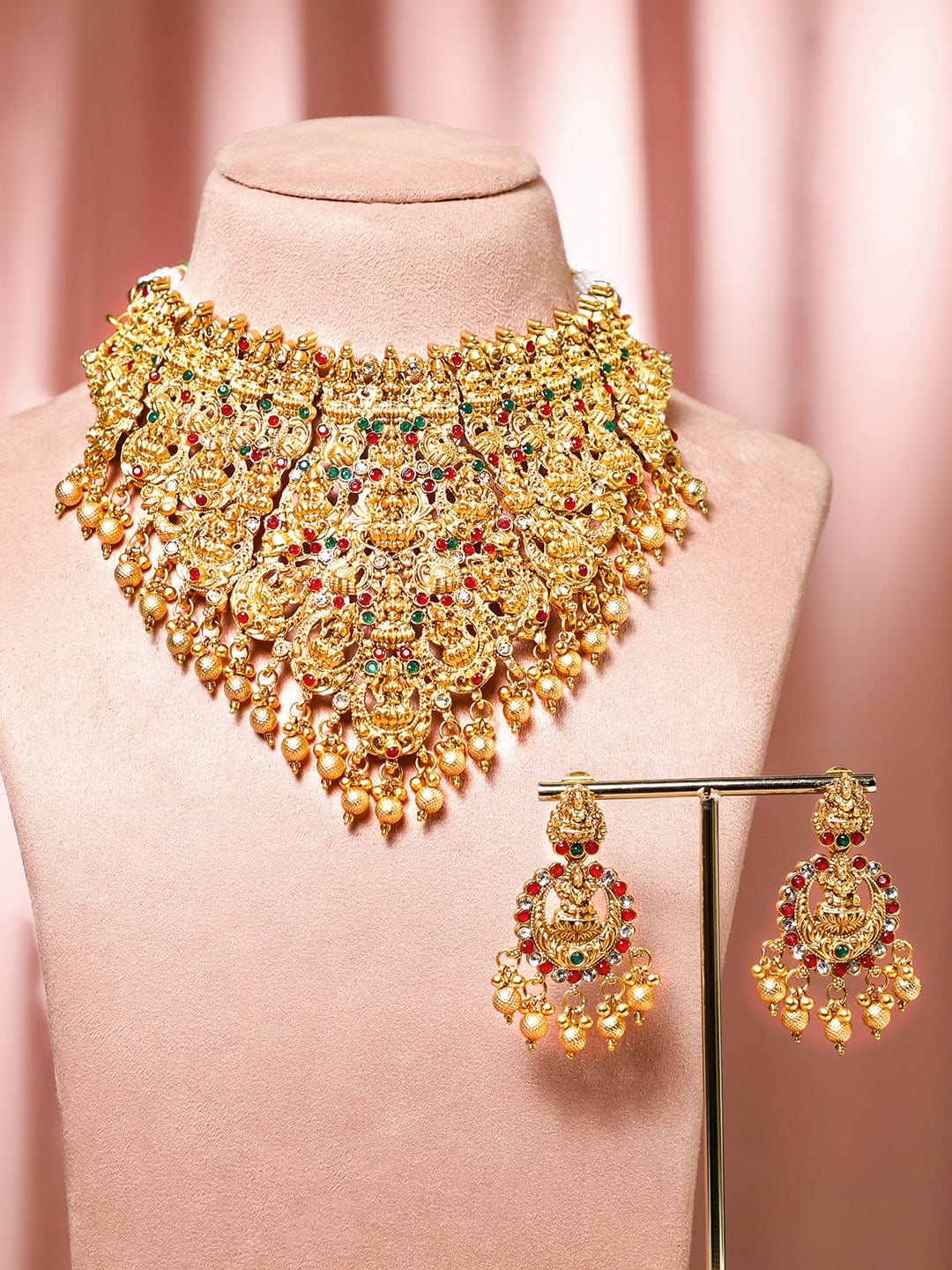 Rubans 24K Gold-Plated Ruby & Emerald Studded Traditional Bridal Temple Necklace with Lakshmi Motif Necklaces, Necklace Sets
