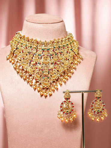Rubans 24K Gold-Plated Ruby & Emerald Studded Traditional Bridal Temple Necklace with Lakshmi Motif Necklaces, Necklace Sets