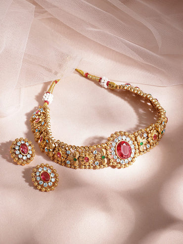 Rubans 24K Gold Plated Ruby, Emerald & White Cubic Zirconia Stone Studded Handcrafted Floral Choker Jewelry Set Choker set