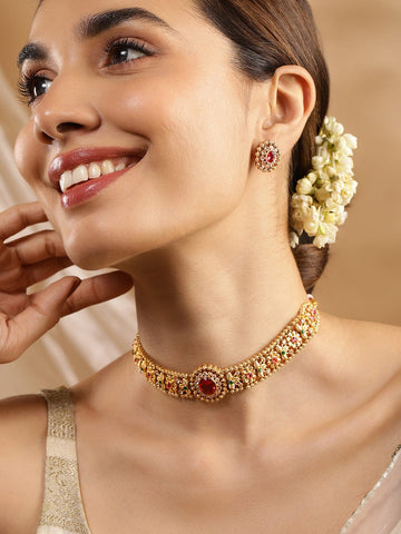 Rubans 24K Gold Plated Ruby, Emerald & White Cubic Zirconia Stone Studded Handcrafted Floral Choker Jewelry Set Choker set
