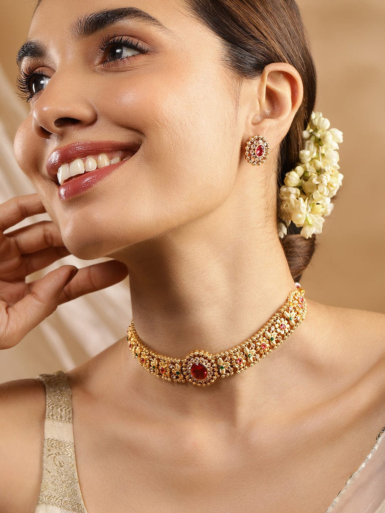 Rubans 24K Gold Plated Ruby, Emerald White Cubic Zirconia Stone Stud