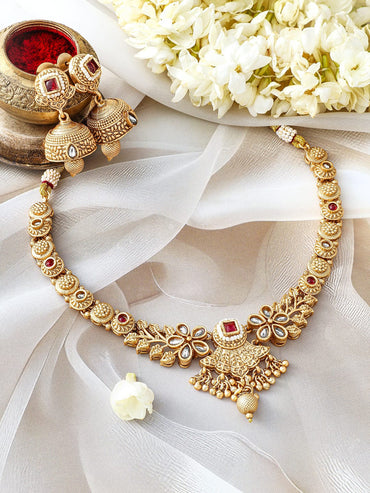 Rubans 24K Gold-Plated Ruby & Kundan Studded Floral Design Necklace Set with Jhumkas Jewellery Set