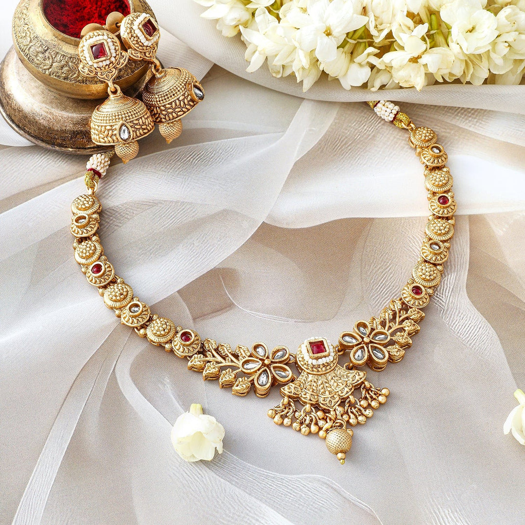 Rubans 24K Gold-Plated Ruby & Kundan Studded Floral Design Traditional Necklace Set with Jhumkas necklace set