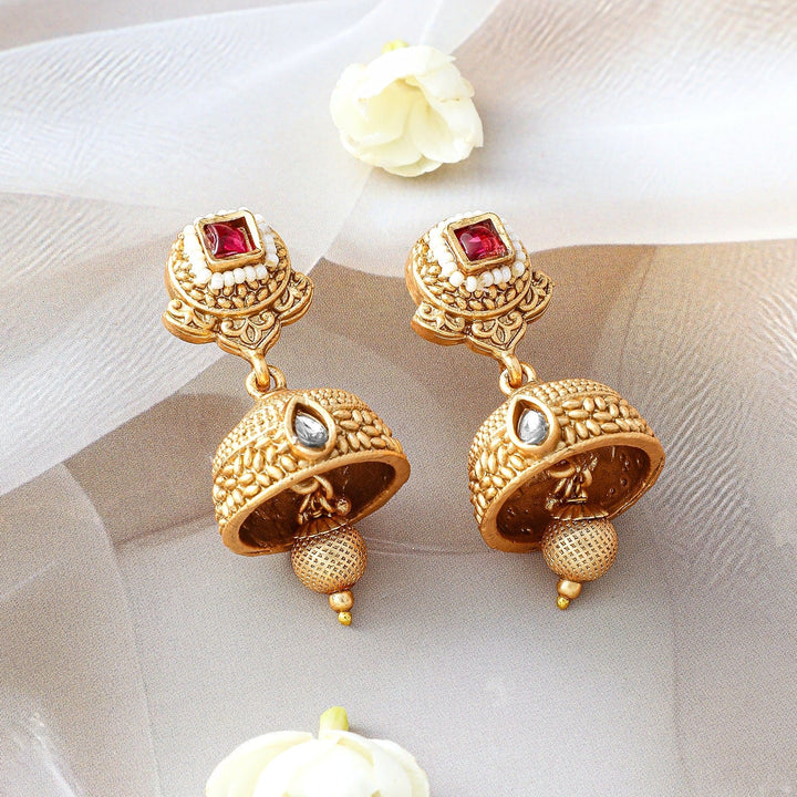 Rubans 24K Gold-Plated Ruby & Kundan Studded Floral Design Traditional Necklace Set with Jhumkas necklace set