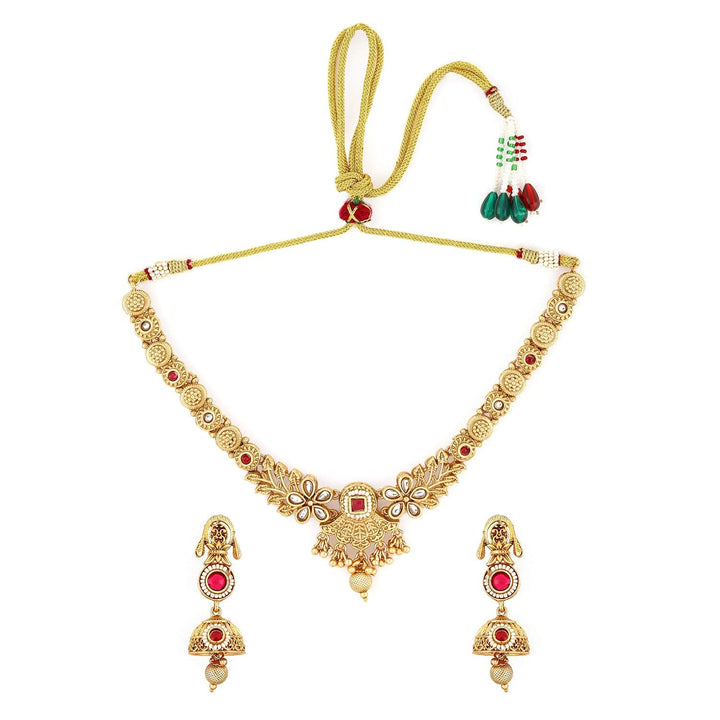 Rubans 24K Gold-Plated Ruby & Kundan Studded Floral Design Traditional Necklace Set with Jhumkas necklace set