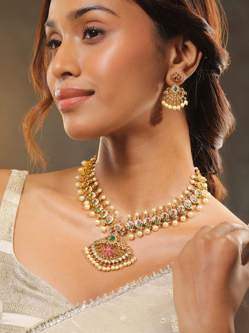 Rubans 24K Gold-Plated Ruby Pink, Emerald Green, White Cubic Zirconia & Pearl Beaded Temple Jewellery Set for Women Necklace Set
