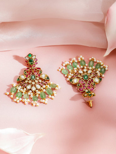 Rubans 24K Gold-Plated Ruby Pink, Green & White Kundan Beaded Royal Statement Jewellery Set Jewellery Set