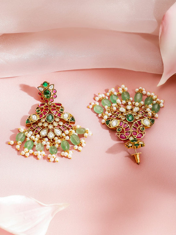Rubans 24K Gold-Plated Ruby Pink, Green & White Kundan Beaded Royal Statement Jewellery Set Jewellery Set