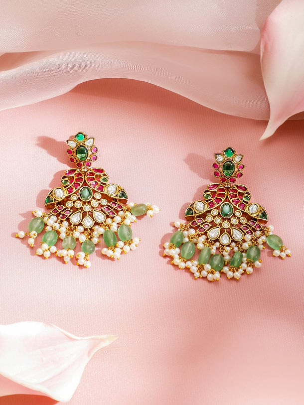 Rubans 24K Gold-Plated Ruby Pink, Green & White Kundan Beaded Royal Statement Jewellery Set Jewellery Set