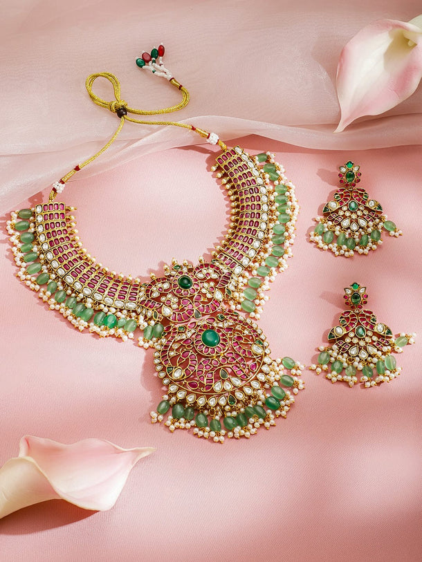 Rubans 24K Gold-Plated Ruby Pink, Green & White Kundan Beaded Royal Statement Jewellery Set Jewellery Set
