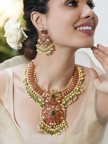 Rubans 24K Gold-Plated Ruby Pink, Green & White Kundan Beaded Royal Statement Jewellery Set Jewellery Set