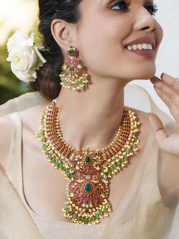 Rubans 24K Gold-Plated Ruby Pink, Green & White Kundan Beaded Royal Statement Jewellery Set Jewellery Set
