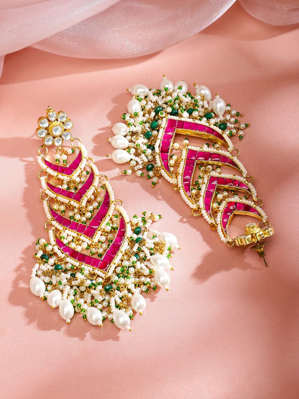 Rubans 24K Gold-Plated Ruby Pink Kundan & Green Beaded Handcrafted Shoulder Duster Earring Earrings