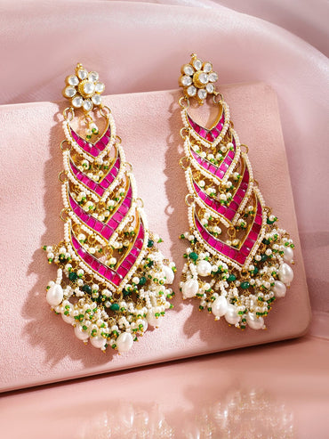 Rubans 24K Gold-Plated Ruby Pink Kundan & Green Beaded Handcrafted Shoulder Duster Earring Earrings