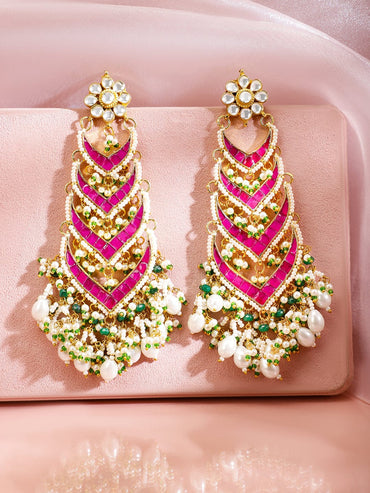 Rubans 24K Gold-Plated Ruby Pink Kundan & Green Beaded Handcrafted Shoulder Duster Earring Earrings