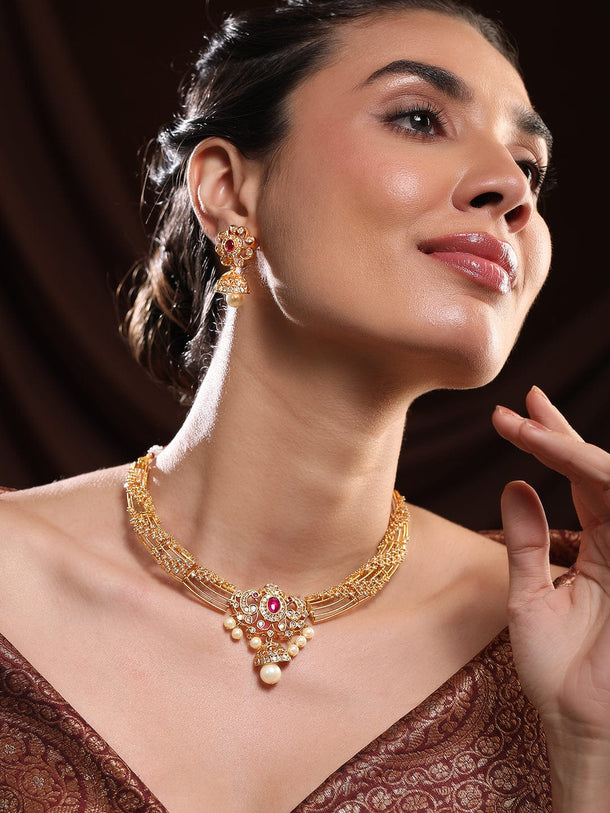Rubans 24K Gold-Plated Ruby Pink & White Cubic Zirconia Studded Pearl Drops Necklace Set Necklace Set