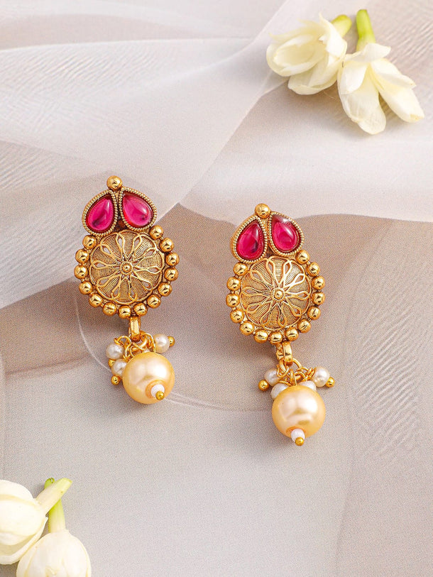 Rubans 24K Gold-Plated Ruby Red & Emerald Green Kundan Studded Necklace Set with Pearl Drops Jewellery Set