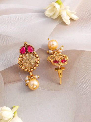 Rubans 24K Gold-Plated Ruby Red & Emerald Green Kundan Studded Necklace Set with Pearl Drops Jewellery Set
