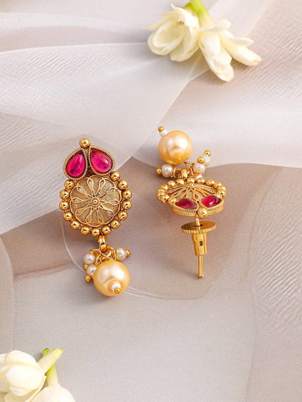 Rubans 24K Gold-Plated Ruby Red & Emerald Green Kundan Studded Necklace Set with Pearl Drops Jewellery Set