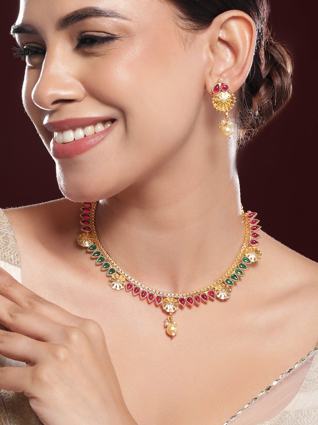 Rubans 24K Gold-Plated Ruby Red & Emerald Green Kundan Studded Necklace Set with Pearl Drops Jewellery Set