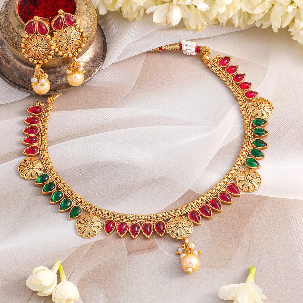 Rubans 24K Gold-Plated Ruby Red & Emerald Green Kundan Studded Necklace Set with Pearl Drops Jewellery Set