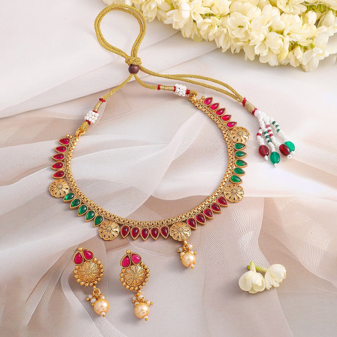 Rubans 24K Gold-Plated Ruby Red & Emerald Green Kundan Studded Necklace Set with Pearl Drops Jewellery Set