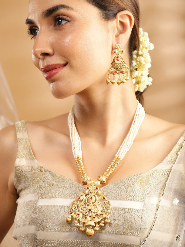 Rubans 24K Gold Plated Ruby Studded Golden & Pearl Beaded MultiStrand Temple Jewellery Set Necklaces, Necklace Sets, Chains & Mangalsutra