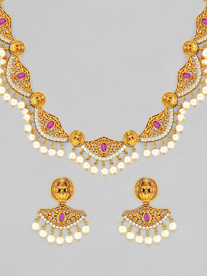 Rubans 24K Gold Plated Ruby Studded hanging pearls Divine Lakhsmi Temple Necklace Set Necklace Set