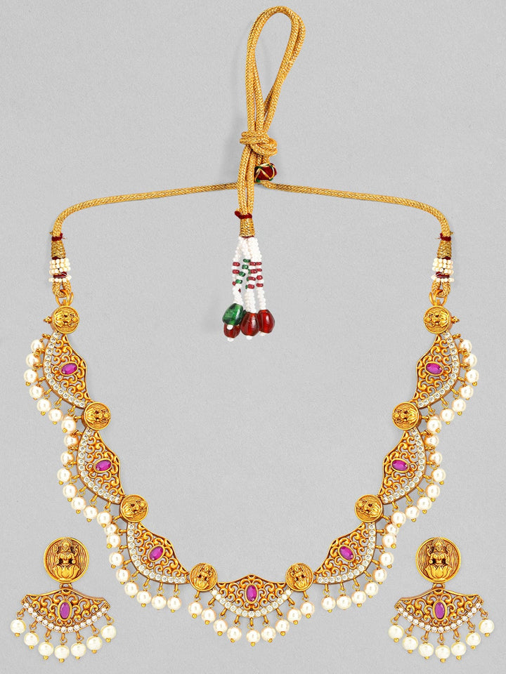 Rubans 24K Gold Plated Ruby Studded hanging pearls Divine Lakhsmi Temple Necklace Set Necklace Set