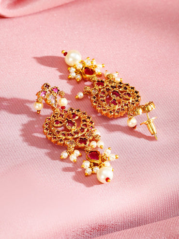 Rubans 24K Gold-Plated Ruby Studded & Pearl Beaded Handcrafted Choker Necklace Set Jewellery Set