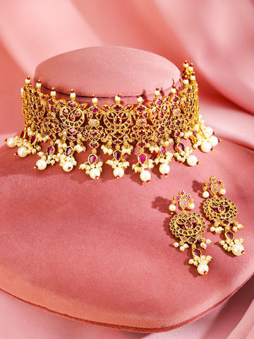 Rubans 24K Gold-Plated Ruby Studded & Pearl Beaded Handcrafted Choker Necklace Set Jewellery Set