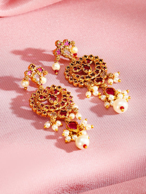 Rubans 24K Gold-Plated Ruby Studded & Pearl Beaded Handcrafted Choker Necklace Set Jewellery Set