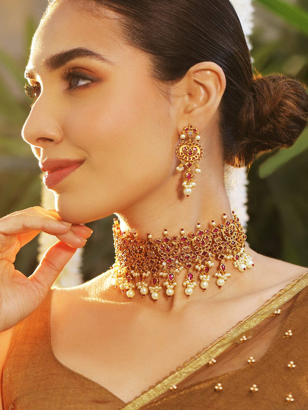 Rubans 24K Gold-Plated Ruby Studded & Pearl Beaded Handcrafted Choker Necklace Set Necklace set